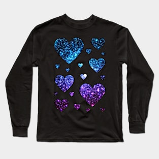 Teal and Purple Ombre Faux Glitter Hearts Long Sleeve T-Shirt